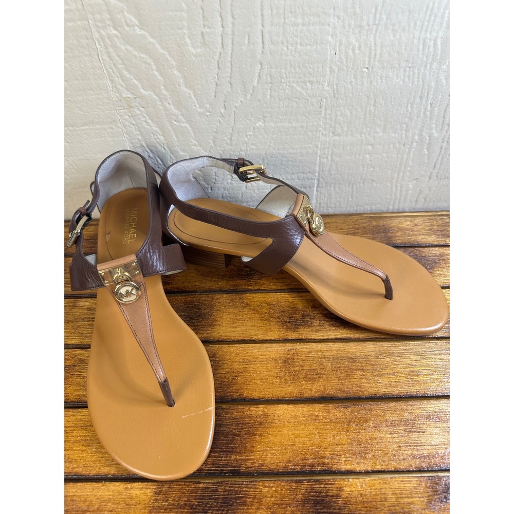 Michael Kors Sandals Women's 10 T-Strap Ankle Buckle Brown Leather Block Heel - Picture 2 of 12